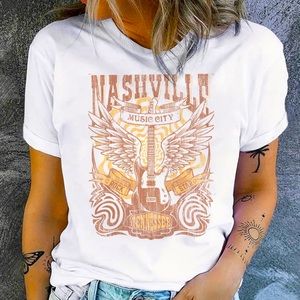 Country Music T-Shirt, Short Sleeve Crew Neck Casual Top For Spring & Summer